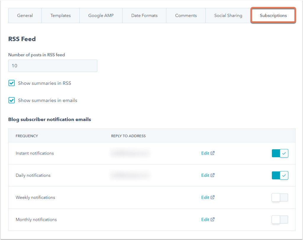 Blog subscription settings